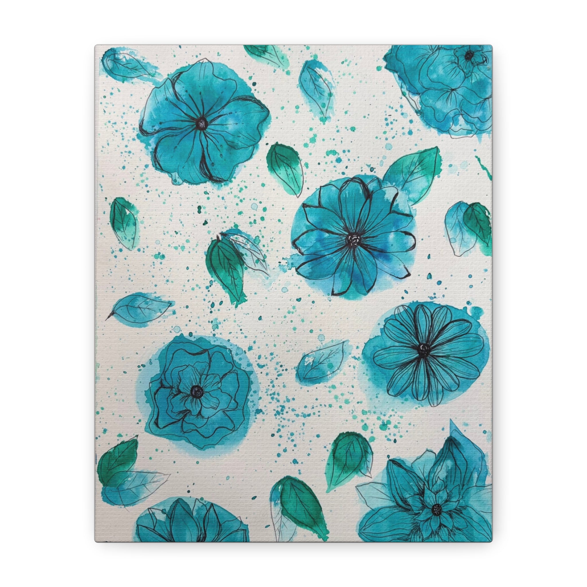 Teal Watercolor Floral Canvas Print — Blue Botanical Wall Art