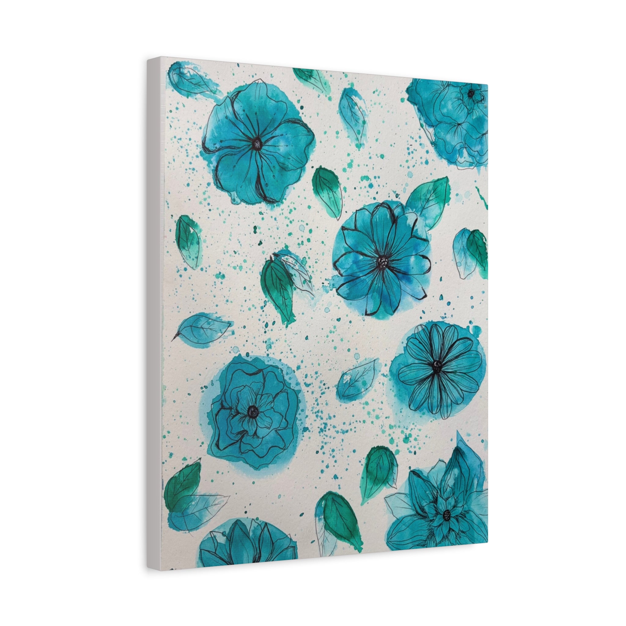 Teal Watercolor Floral Canvas Print — Blue Botanical Wall Art