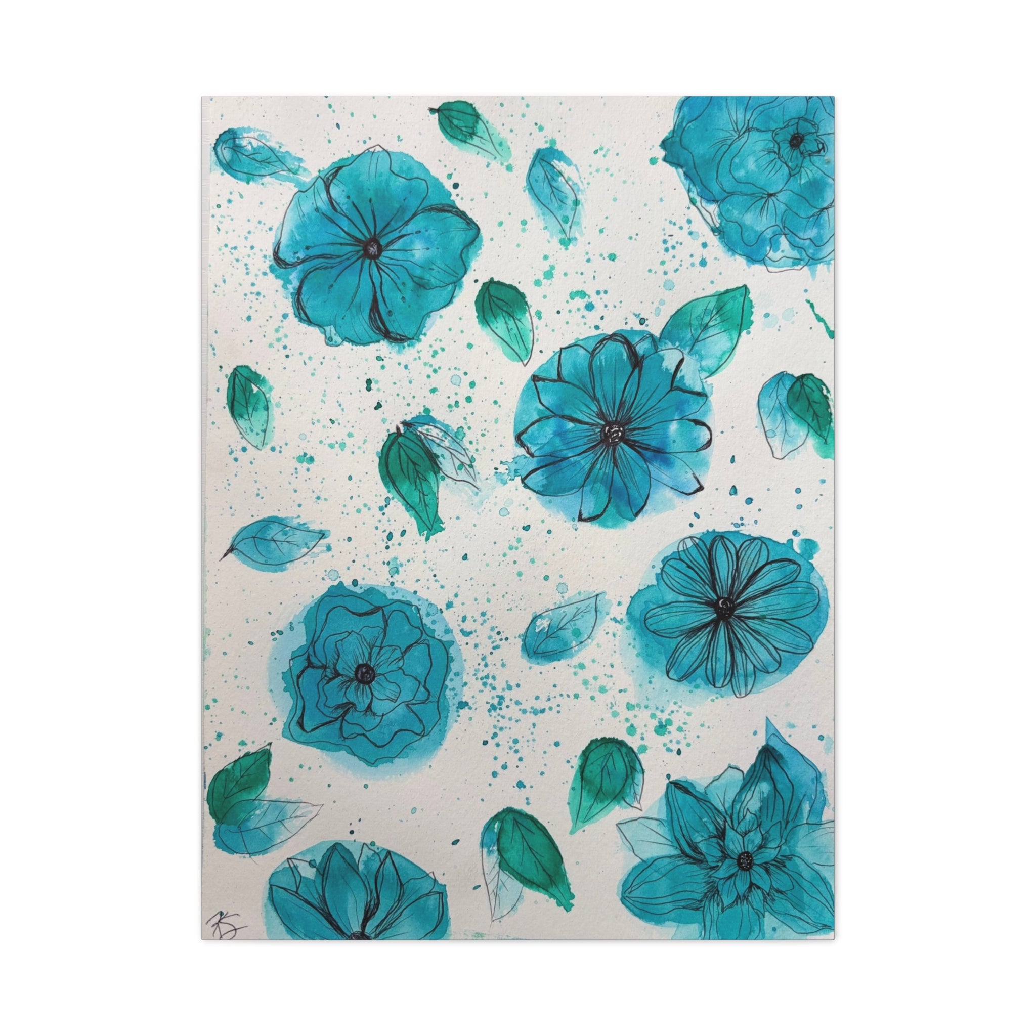 Teal Watercolor Floral Canvas Print — Blue Botanical Wall Art