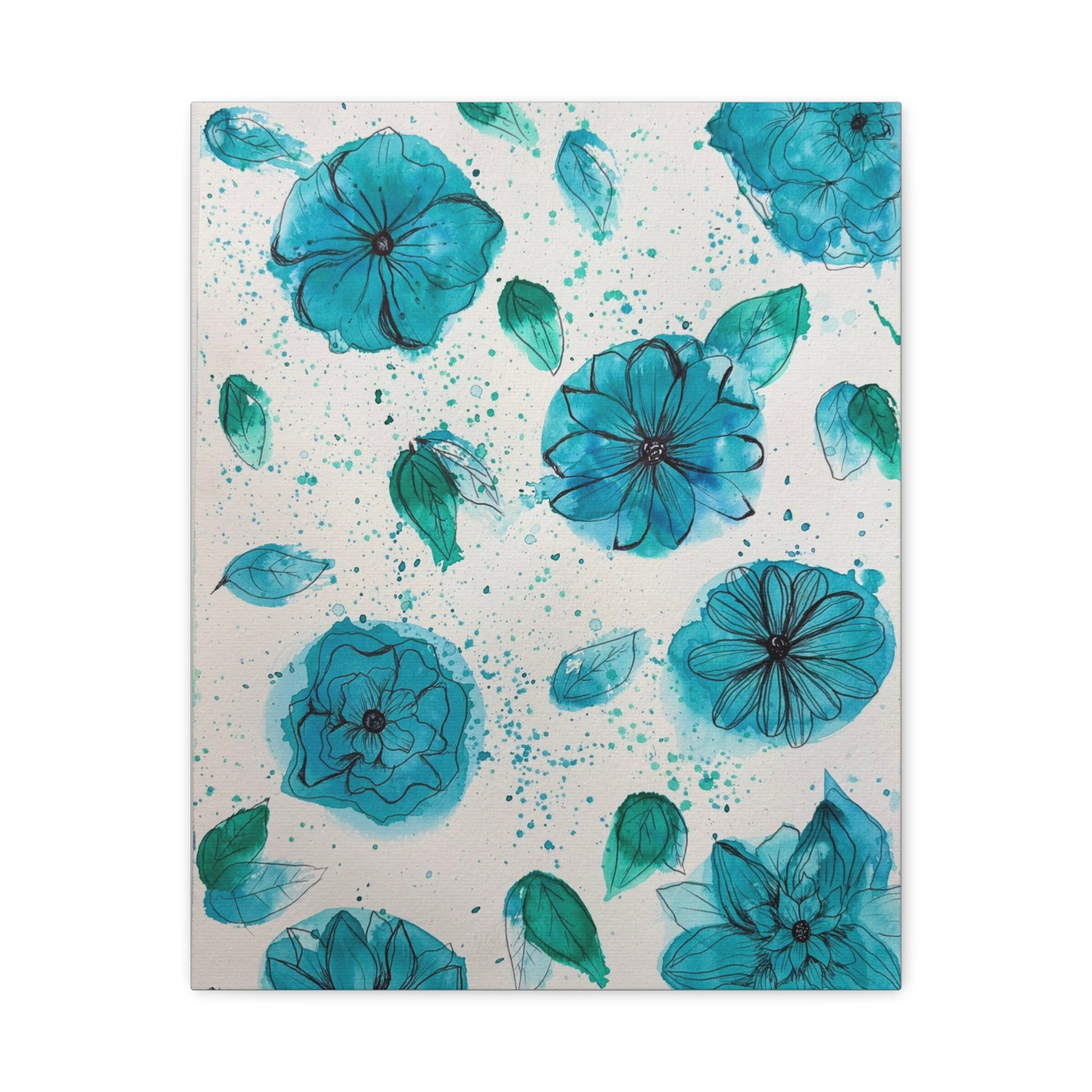 Teal Watercolor Floral Canvas Print — Blue Botanical Wall Art