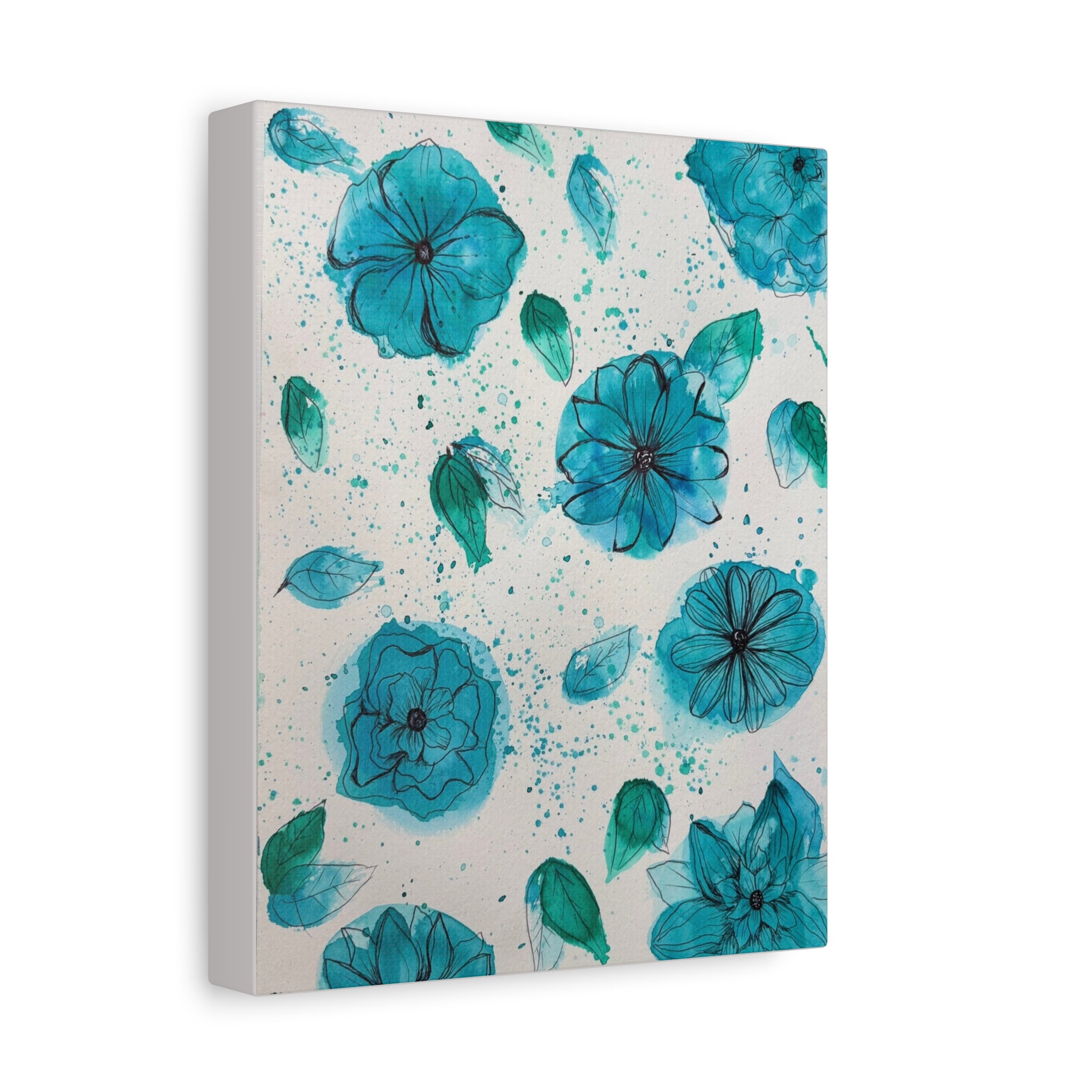 Teal Watercolor Floral Canvas Print — Blue Botanical Wall Art